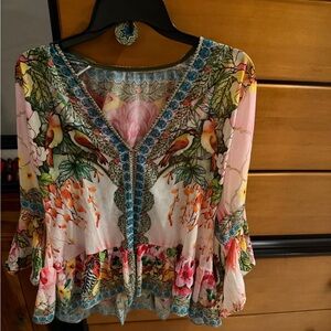 Floral V-Neck embellished multicolored tunic Blouse med NEW